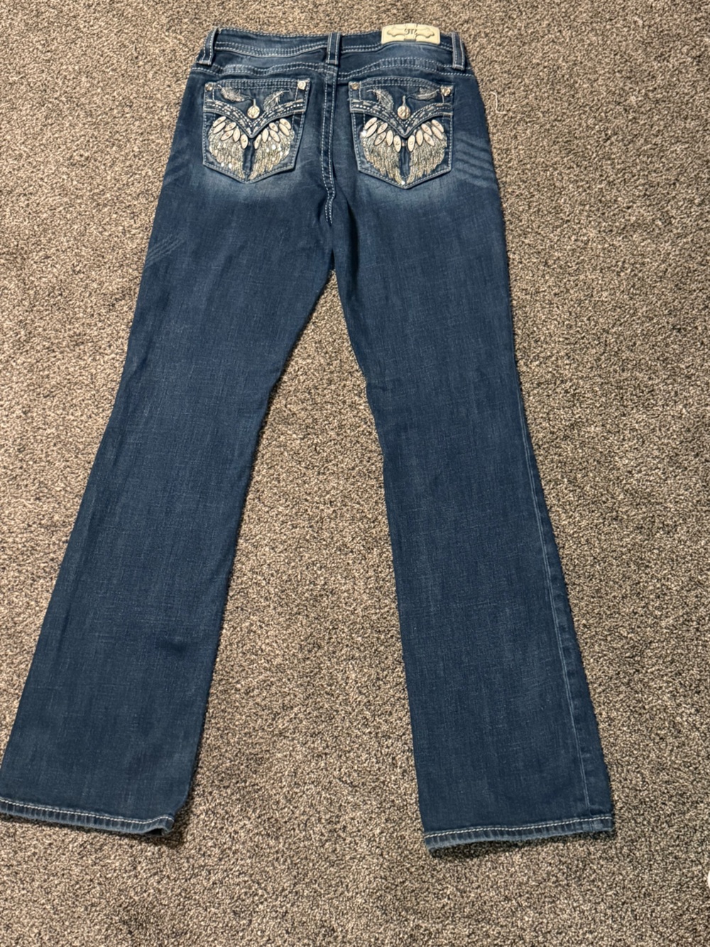 Miss Me Dark Blue Mid-Rise Boot Jeans with Embroidered Back Pockets 30 x 34